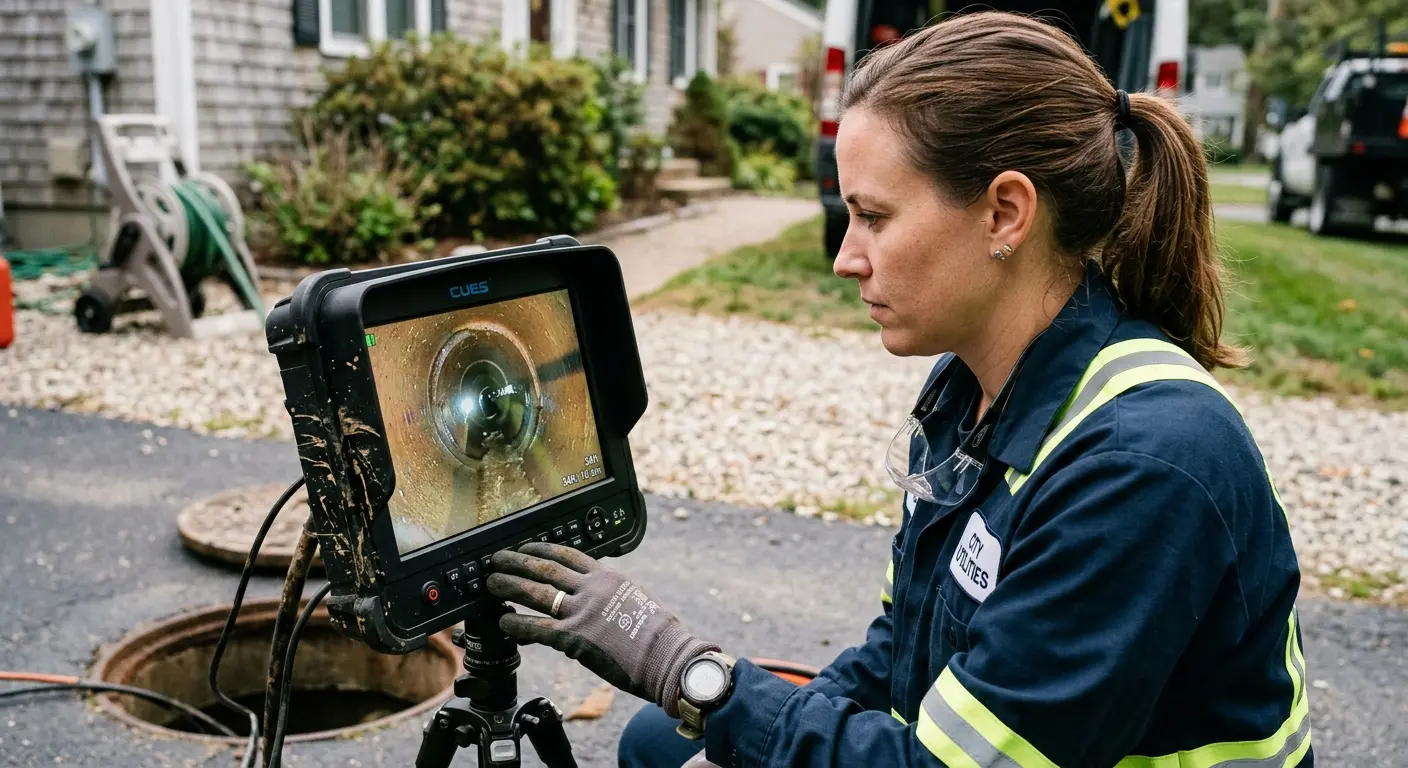 Technician reviewing sewer camera inspection footage in Fallsburg