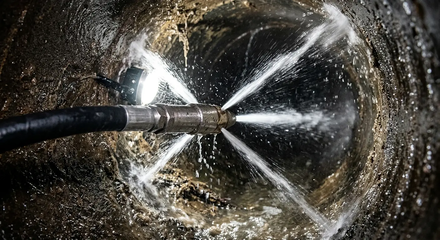 High-pressure hydro jetting nozzle cleaning sewer pipe for Storm Drain Cleaning in Fallsburg