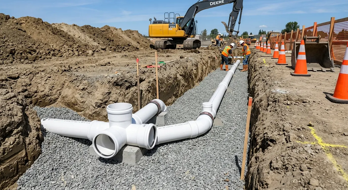 New PVC sewer pipe installation in open trench for Sewer Backup in Fallsburg